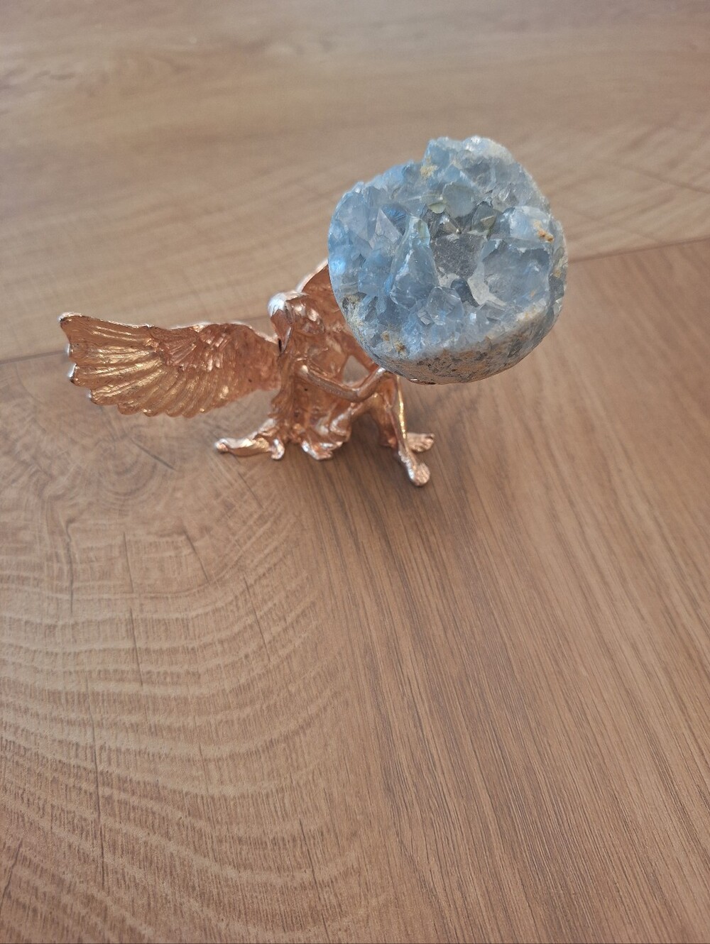 Celestite Geode With Rose Gold Angel Sphere Holder
